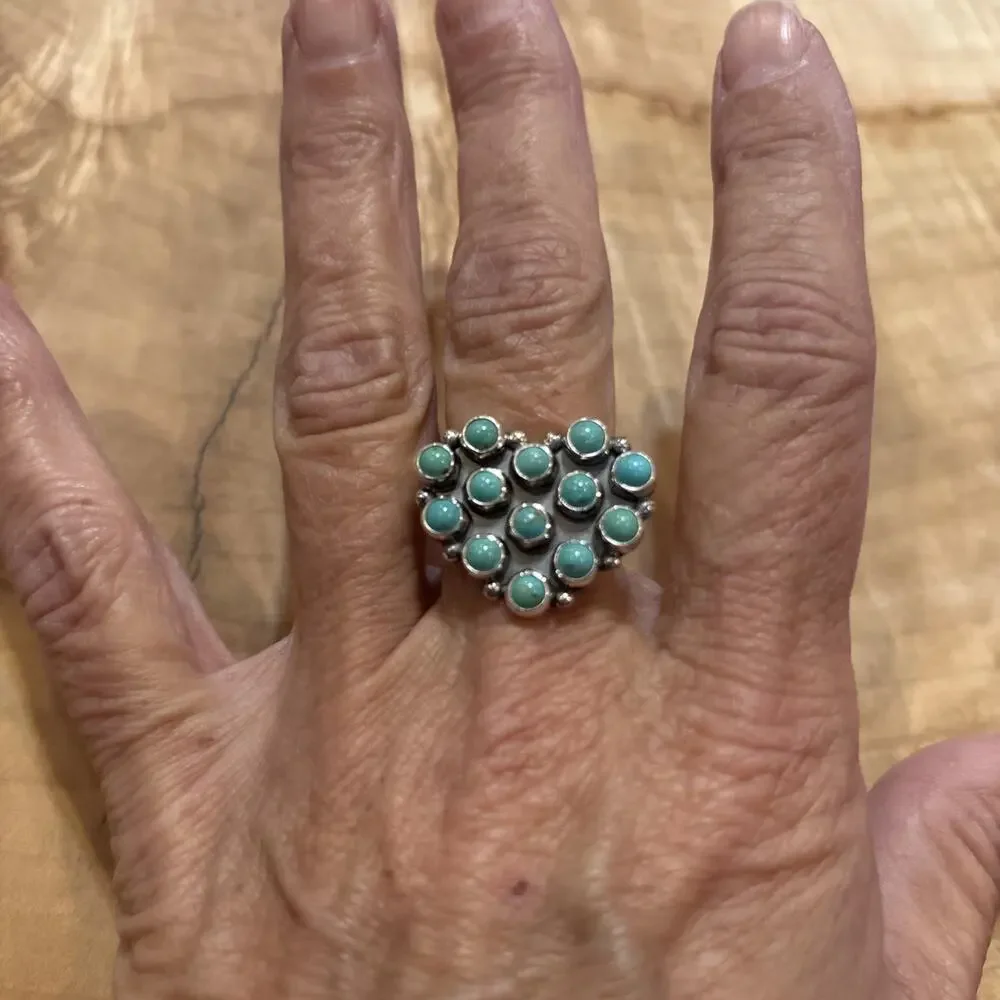 Native American Turquoise Heart Cluster Ring Signed M.C. Perry Valentines Love - Picture 2 of 6
